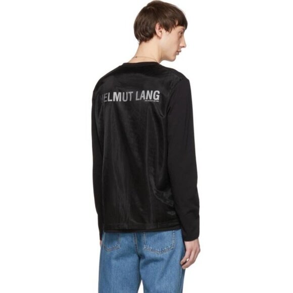 Helmut Lang Mens Medium Black Overlay Logo Long Sleeve T Shirt Slim Fit Pullover - Picture 1 of 12
